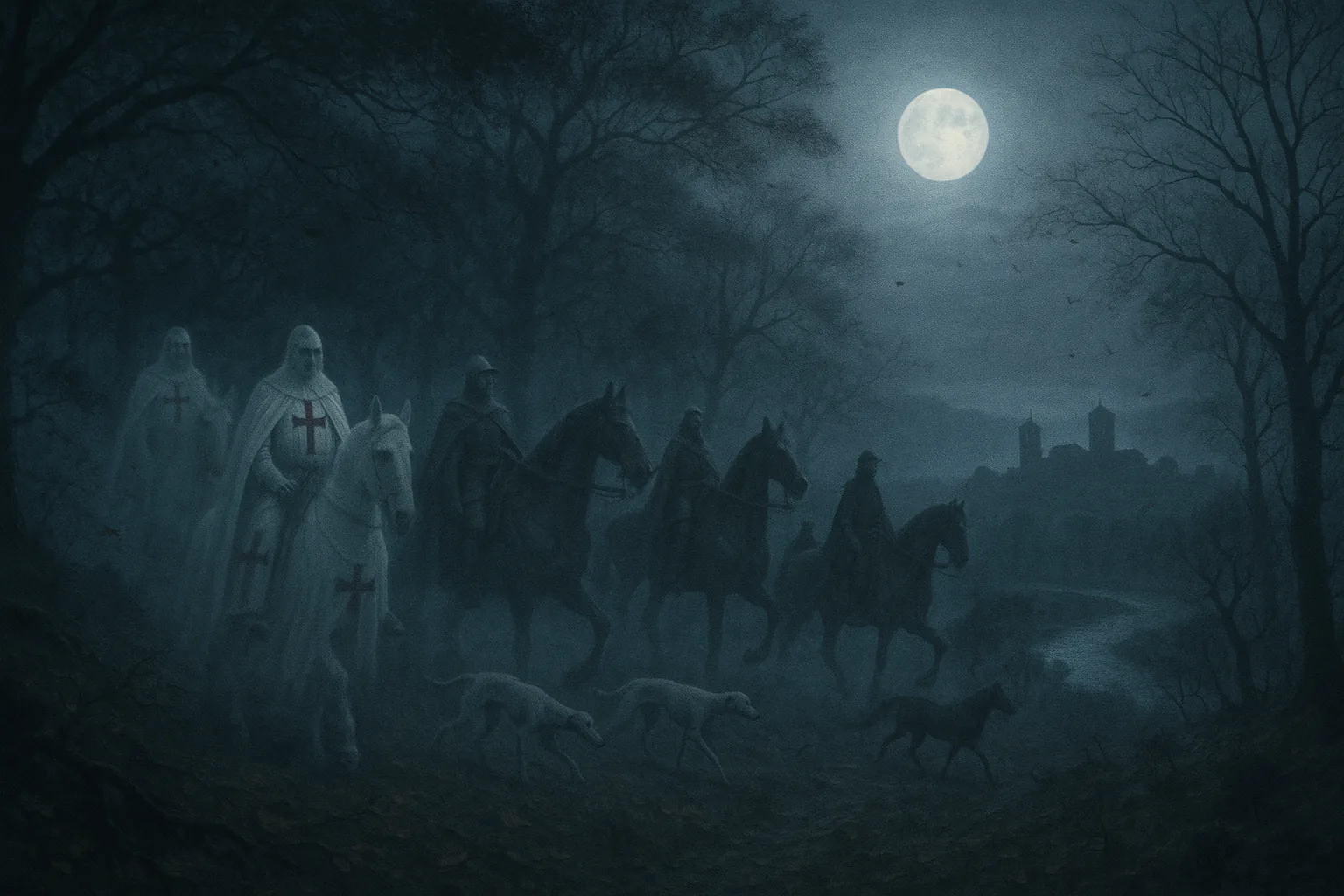Recreación de templarios y nobles fantasma cazando en el monte de las Ánimas de Soria la noche de difuntos