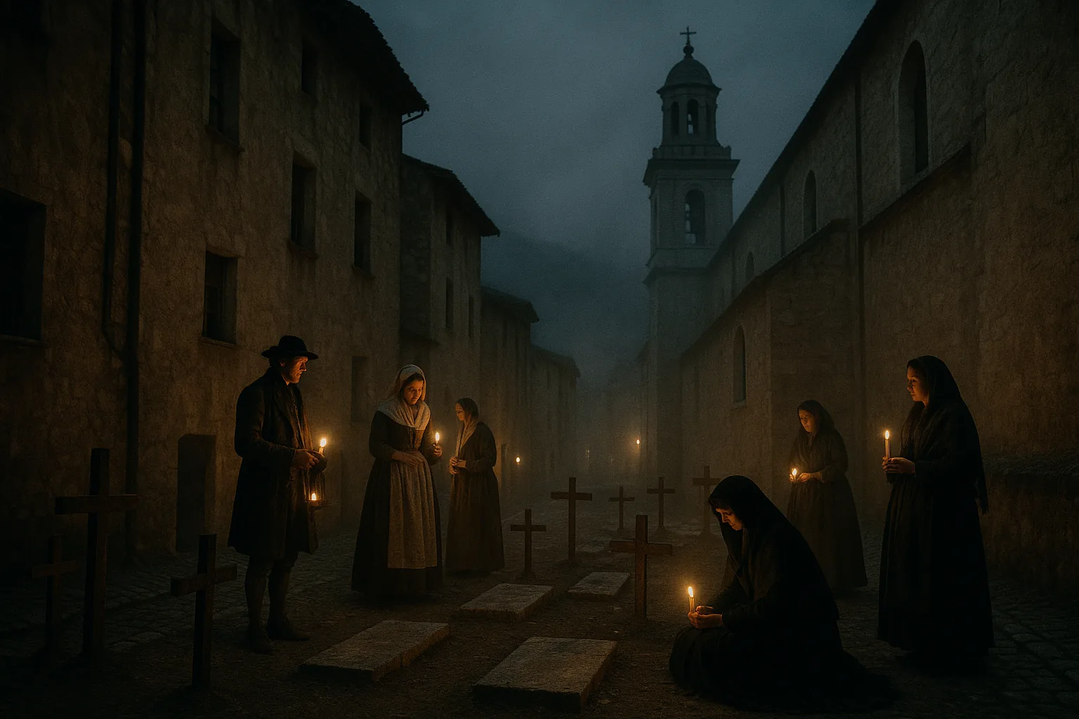 Recreación de vecinos con velas en un antiguo fossar junto a una iglesia de Alcoy la noche de ánimas