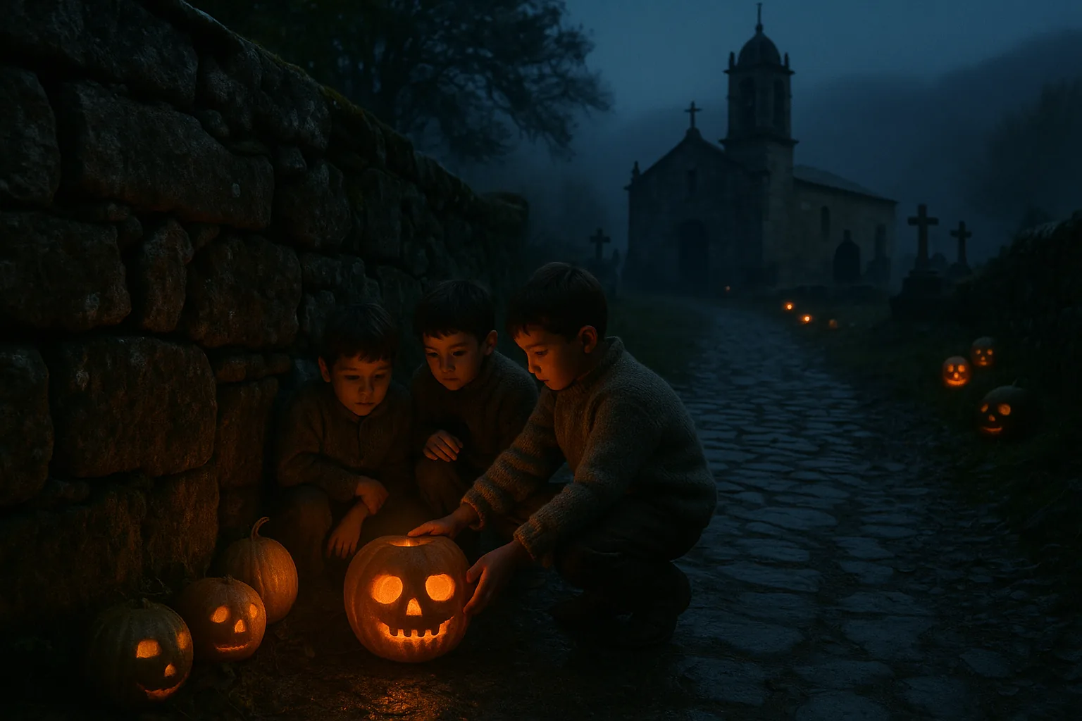 Recreación de niños gallegos colocando calabazas talladas con velas junto a un muro de piedra la noche de difuntos