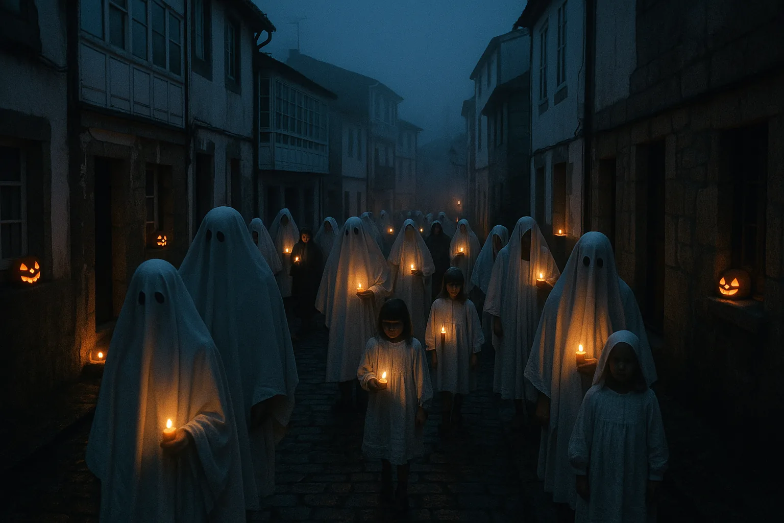 Recreación del desfile de fantasmas del Samaín de Cedeira, con vecinos vestidos con sábanas blancas y velas por el casco antiguo
