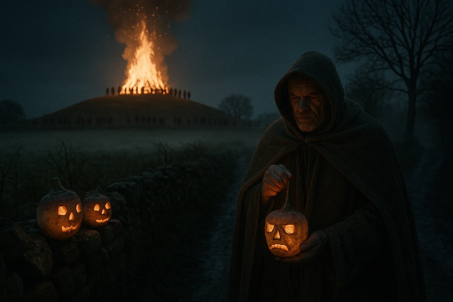 Recreación de un campesino irlandés con un farol de nabo tallado y la hoguera de Samhain en la colina de Tlachtga al fondo